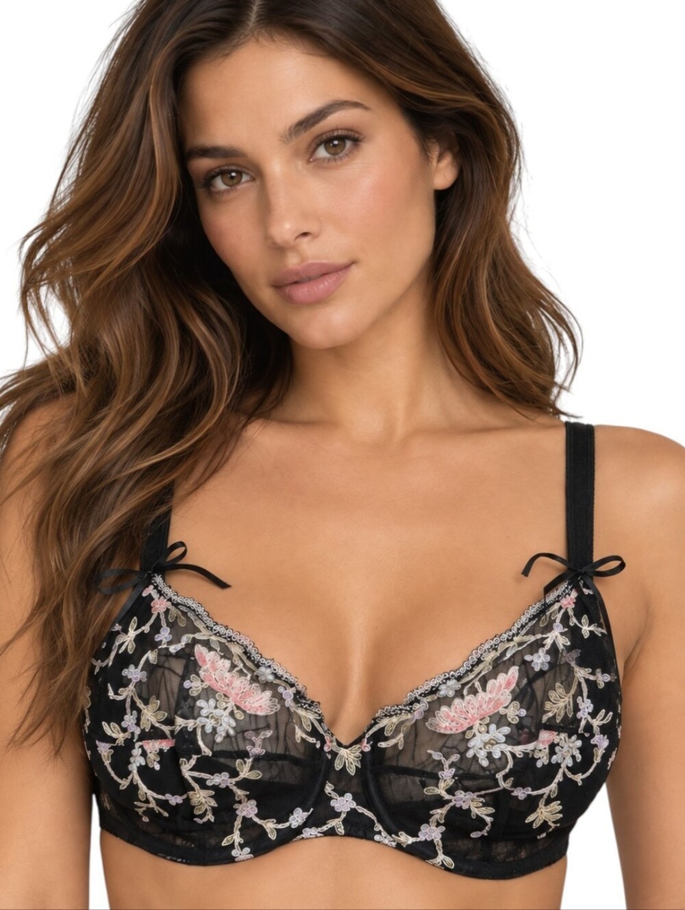 Vintage La Perla Embroidered Mesh Bra 36E Cup Black Floral Italian Lingerie